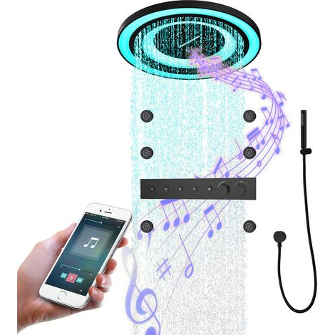 SystèMe De Douche Thermostatique Musical, 600mm Pomme De Douche Ronde En Acier Inoxydable 304, LED 64 Couleurs Ensemble De Douche Caché, Douchette à Main, Spray LatéRal 6 PièCes(Noir) (1/4)