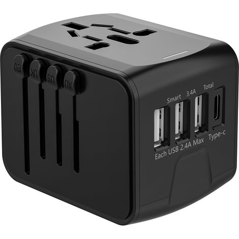 Adaptateur de voyage, adaptateur de prise universel avec ports USB de type C+3 et prise secteur, prise d'adaptateur pour plusieurs pays (1/5)