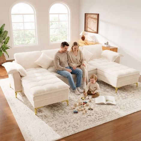 Canapé d'Angle 4 Places Canapé Modulable 2 Chaises Longues 2 Coussins Effet Nuage Revêtement en Chenille Beige Pieds en Métal Doré (1/5)