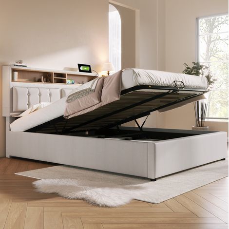 Lit double 140x200 cm beige en lin avec tête de lit réglable, ports USB-C et coffre de rangement (1/5)