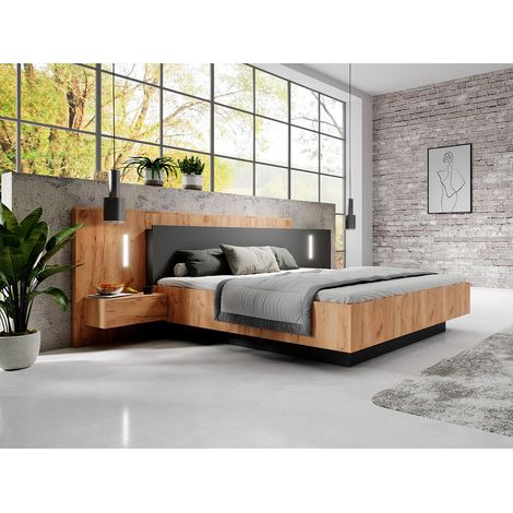 Letto con contenitore con comodini - 2 cassetti - con LED - 160 x 200 cm - Naturale e Antracite - FRANCOLI