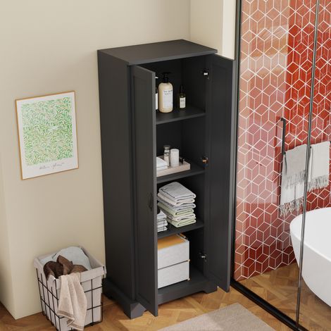 Armadio da bagno con 2 ante, 4 ripiani regolabili e chiusura ammortizzata, in MDF, Nero, 56 x 40 x 170 cm (1/5)