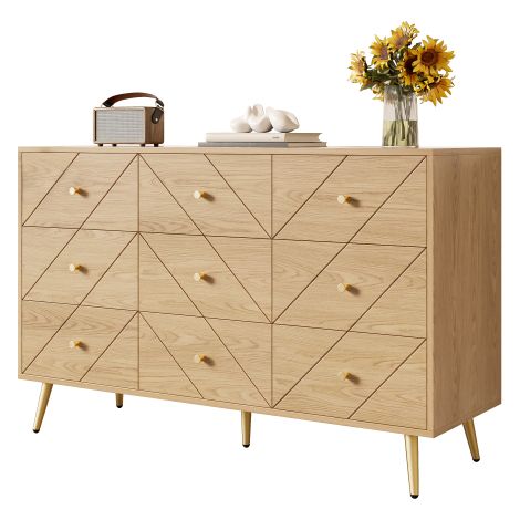 Commode moderne 9 tiroirs sur pieds métalliques – Meuble de rangement élégant pour chambre, salon ou entrée – Structure robuste en panneaux de particules avec motifs géométriques et poignées ergonomiq
