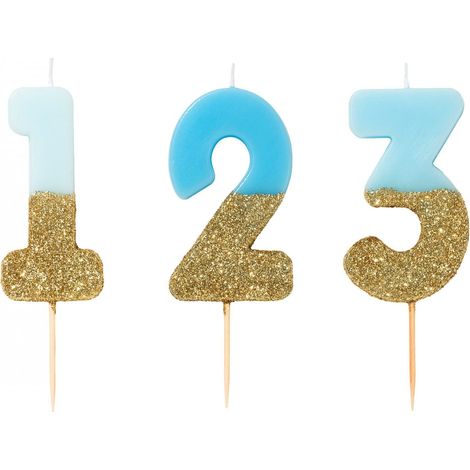 Bougie Anniversaire  Bougies Gâteau Anniversaire  Bougies Anniversaire  Bougie Bleue  Bougie Chiffre 3  Topper Gâteau Anniversaire  Paillettes Or et Bleu (1/3)