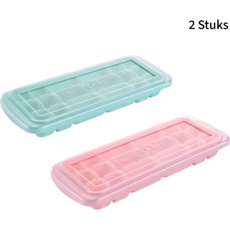 Bac à glaçons en silicone 2 pièces 18 compartiments avec couvercle pour faire des glaçons au congélateur démoulage facile vert menthe et rose (1/5)