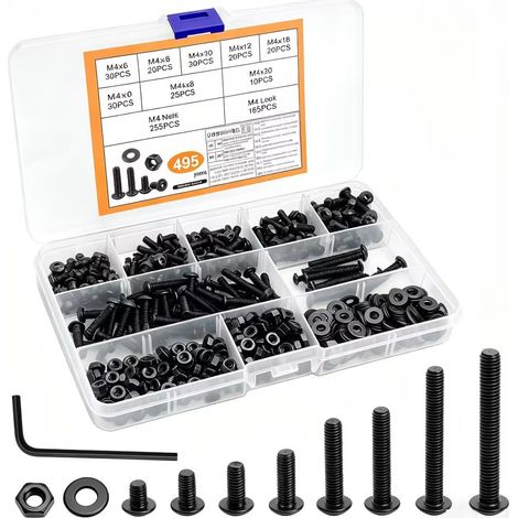 495 Pcs Vis M4, Vis à Tête Cylindrique Creuse, Boulon et écrous, Boulon Vis à six pans creux à tête bombée Hexagonale Noirs pour métaux avec rondelles (1/5)