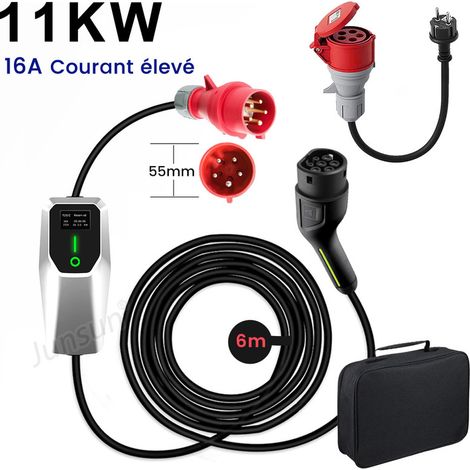 Câble de recharge Type 2 16A 11kW IP67 triphasé 6m portable 1adaptateur JUNSUN (1/5)