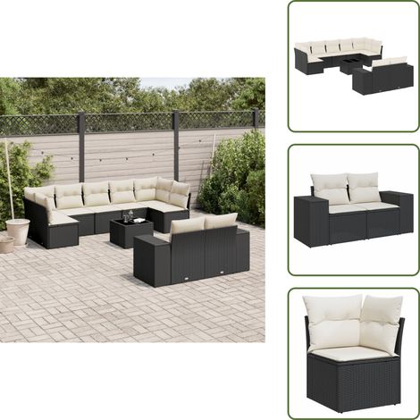 10-tlg. Garten-Sofagarnitur mit Kissen Schwarz Poly Rattan - Gartenmöbel - Esstischgarnitur - Outdoor Möbel - Lounge Set - Rattan Gartenmöbel