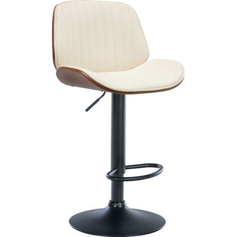 Sgabello da bar dal design moderno con cuciture verticali in PVC crema, legno noce e metallo nero 100005295