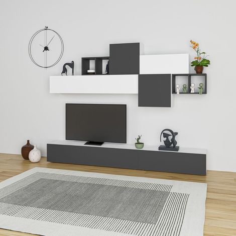 Parete Attrezzata Soggiorno 260 cm in MDF Tromen Bianco Opaco e Antracite