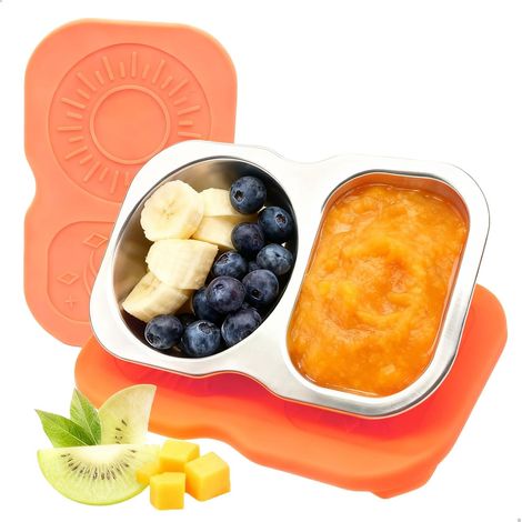 Snack Box Repas, 2 pièces Boite a Gouter Inox avec Couvercle, Réutilisables Boîtes Bento Compartiments, Portable Couvert Lunch Box pour Fruits et Trempettes, Noix, Bonbons (65+85ml, Orange) (1/5)