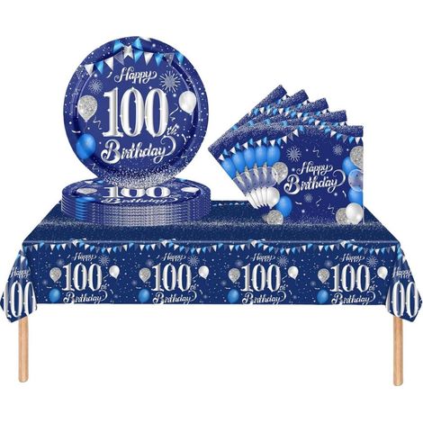 Partygeschirr 100. Geburtstag 37tlg. Marineblau Silber für Damen & Herren