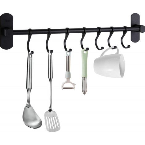 50cm Support Mural en Acier Inoxydable pour ustensiles de Cuisine Support avec 7 Crochets Barre de Murale en Aluminium (Noir) (1/5)