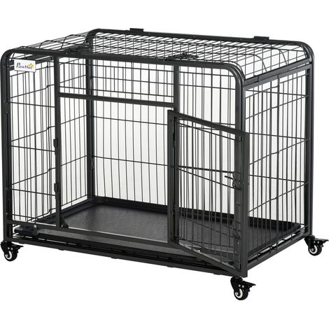 Cage pour Chien Pliable en Métal avec 4 Roues et Double Porte Plateau Amovible 94 x 58 x 69,5 cm Gris (1/5)
