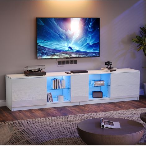 Meuble TV blanc brillant avec éclairage LED, 2 tiroirs et 1 compartiment, 160x40x52 cm (1/5)