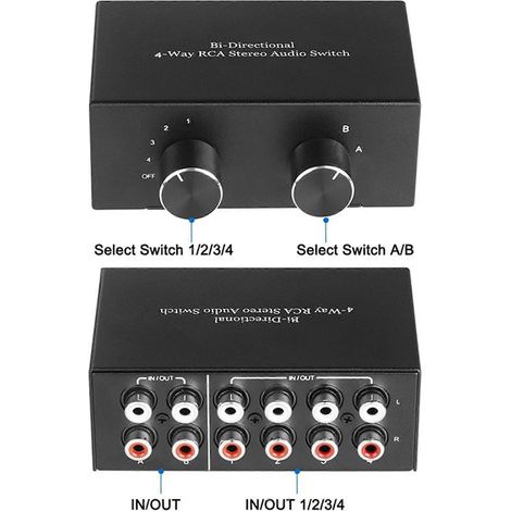 Commutateur audio stéréo RCA bidirectionnel à 4 voies, sélecteur de canaux audio gauche/droite, 2 entrées/4 sorties ou 4 entrées/2 sorties. (1/5)