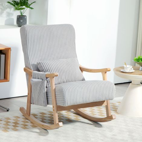 Silla Mecedora de Pana con Patas y Reposabrazos de Madera de Caucho Cojín Lumbar y Bolsillo Carga 120 kg Gris (1/5)