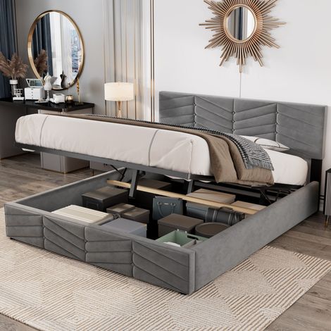Lit 180 x 200 cm avec sommier à lattes,lit coffre,cadre de lit avec rangement,velours,lit de style continental,tête de lit réglable en hauteur, gris (1/5)