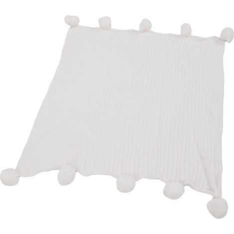 Couverture blanche douce, 90 x 90 cm, en coton, tricotée avec des pompons, pour canapé, lit, voiture et camping. (1/5)