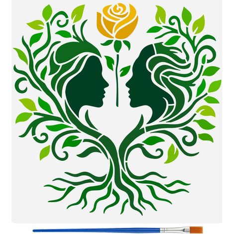 Pochoir Arbre de Vie Féminin Avec 1 Pinceau en Plastique 30x30cm Motif Arbre de Vie Dessin Pochoir Thème Humain Modèle pour Peinture sur Mur Meubles en Bois Décoration de Maison DIY (1/5)