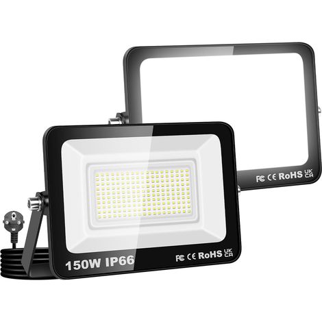 2PCS Projecteurs LED Extérieur Avec Prise, Spot LED 150W 15000LM, 3500K Blanc Chaud, IP66 Etanche Eclairage Lumière de Sécurité pour Jardin Patio Garage Terrasse Maison