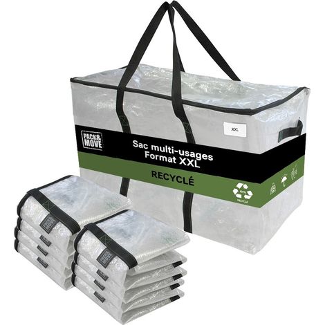 Pack and Move - Lot 8 Grands Sacs Déménagement Transparent Recyclés - Rangement Et Transport Ultra Résistant - Réutilisable - Poignées Solides - 100L