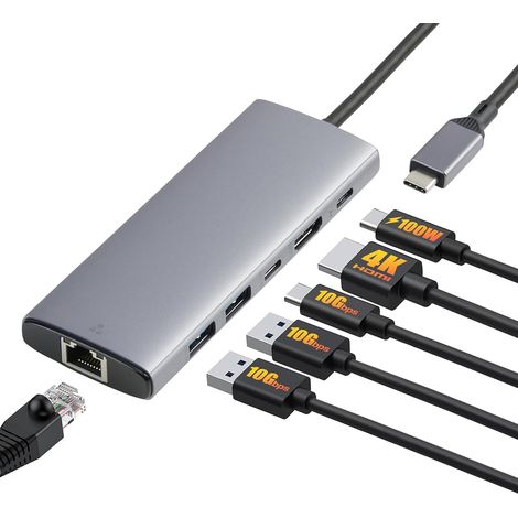 6-en-1 3.1 USB Hub, (1 USB-C 100W PD Input, 2 USB-A, 1 USB-C, HDMI 4K, Ethernet), Gris Clair, 11.94 x 4.6 x 1.5cm (1/5)