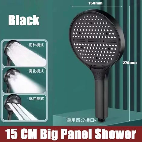 Pommeau de douche noir à grand débit et à pression augmentée (15 cm) avec panneau large et 4 modes de jet. Accessoire de salle de bain. (1/5)