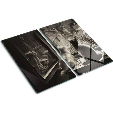 Planche de cuisine, couvre plaque, verre planche découper, verre trempé – 2 x 30 x 52 cm - Des chats à la fenêtre (1/5)