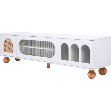 TV-Möbel mit 3 Offenen Nischen, Rattan-Optik und Glastüren, Glas-Schiebetür, Weiß, 170×47×37 cm (1/5)