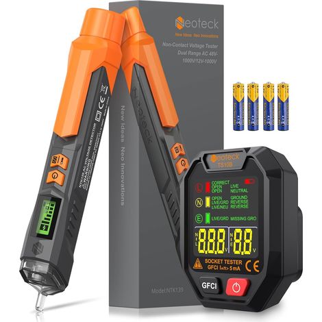 Kit di test elettrico 2 in 1: tester per prese con schermo LCD + penna tester di tensione 12-1000V, rilevatore di tensione senza contatto RCD GFCI, diagnostica di sicurezza per la casa e per elettrici (1/5)