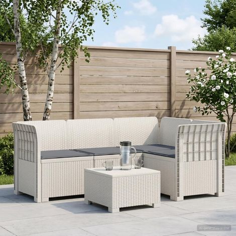 Canapé de jardin 4 places modulable en PP aspect rotin avec coussins blanc et gris - PANGIVO (1/5)