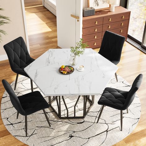 Table basse contemporaine hexagonale en pierre de marbre, pieds noirs métalliques en forme de ramure, style minimaliste, parfaite pour séjour et salle à manger. (1/5)