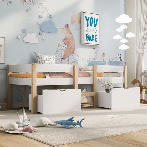 Letti con cassetti 90x200cm, letti singoli per bambini, rete a doghe, legno, senza materasso, bianco + naturale (1/5)