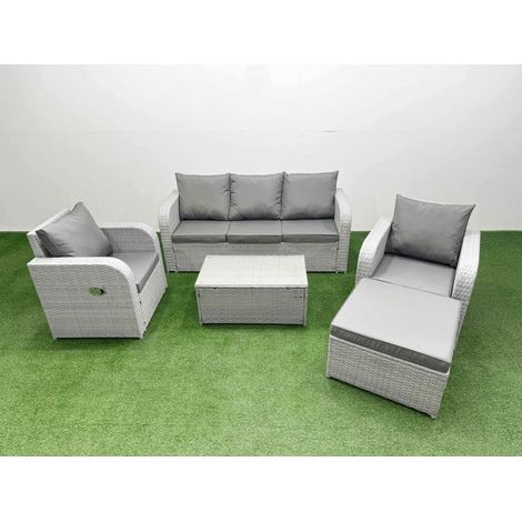 Fimous PE Rattan Garden Furniture Set Reclining Chair Sofa Lounge Sofa Set Oblong Coffee Table Big Footstool Light Grey (1/4)