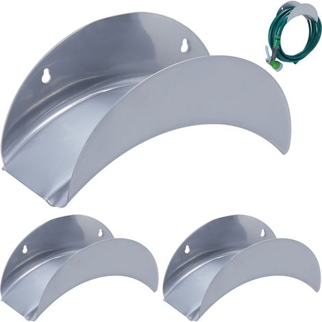 Relaxdays Hose Pipe Holder, 3x Set, Wall Mounted, for 30m 1/2" Long Hoses, Hang on Garden Tap, Outdoor, Iron Metal, Grey