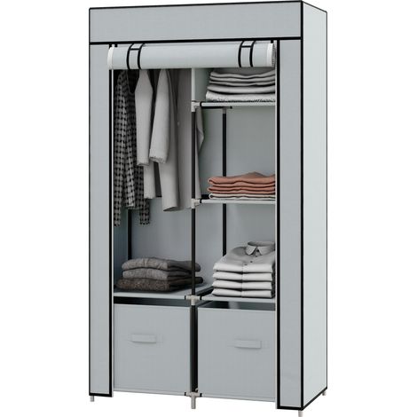 Armoire textile gain de place avec 5 compartiments, 2 tiroirs en tissu, tringle et fermeture zippée, gris clair, pour chambre ou entrée - CHICFURN (1/5)