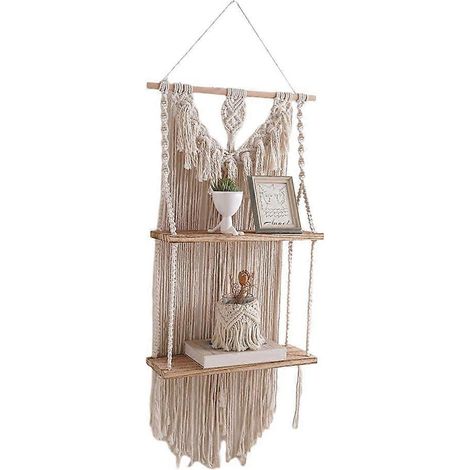 Étagère murale en bois avec tapisserie à franges faite main, idéale pour le rangement. (1/4)