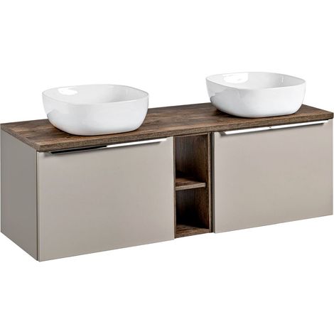 Waschtischunterschrank Set 140cm in taupe mit Vintage Eiche PUEBLA-56-TAUPE 2 Keramikbecken, 2 Softclose-Schubkästen, Regal, B/H/T 140,4/62,5/46 cm (1/5)
