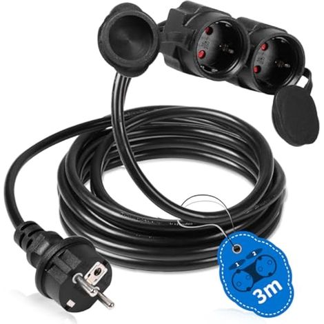 Rallonge IP44 de 3 m, 2 prises Schuko, 250 V/16 A/3500 W, pour la maison, le bureau, l'intérieur ou l'extérieur, noir (1/5)