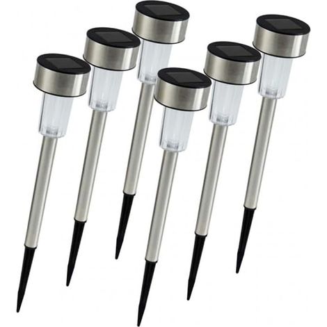 Lot de 6 LED Lampes Solaires Extérieures - Bornes Lumineuses À Planter - ∅ 4,5 cm - H.31 cm - Batterie 1,2V/150 mA - Acier Inoxydable + ABS