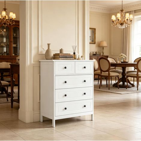 Cómoda blanca de 5 cajones con encimera, MDF y tablero de partículas, almacenaje para dormitorio, cocina o recibidor, diseño moderno y elegante  CHICFURN (1/5)