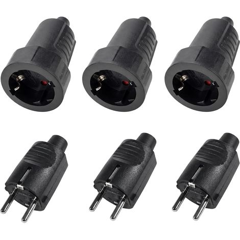 Kit de 3 Prises Schuko 250V IP44 – Prise Male et Femelle avec Relief de Traction pour Intérieur et Extérieur, 16A 2 pôles Boîtier Caoutchouc (Noir) (1/5)