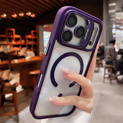 Coque magnétique transparente pour iPhone 13 Pro (violette), support en acrylique, lentille en verre