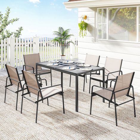 Set da giardino con tavolo e sedie effetto legno, composto da tavolo e 6 sedie con seduta traspirante, ideale per terrazza e patio, colore kaki.