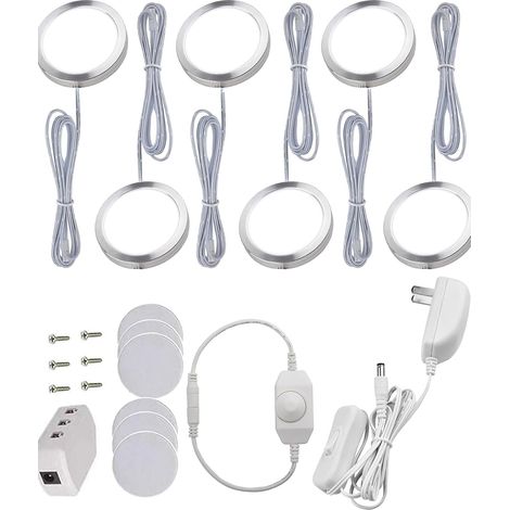 Lot de 6 spots LED ronds à intensité variable pour éclairage sous meuble avec variateur rotatif - Blanc lumière du jour 6000K - 1020 lumens - Idéal pour bibliothèque, étagère, placard, cuisine (1/5)