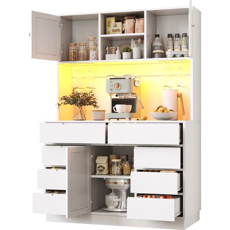 Armoire de cuisine haute blanche avec LED intelligente, meuble de rangement 8 tiroirs, 120x40x183.5 cm (1/5)