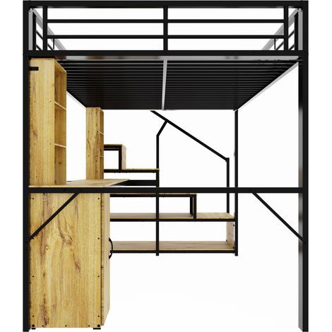 Hochbett aus Metall 140 x 200 cm mit Schreibtisch, Schrank, Stauraumtreppe, USB, Schwarz (1/5)