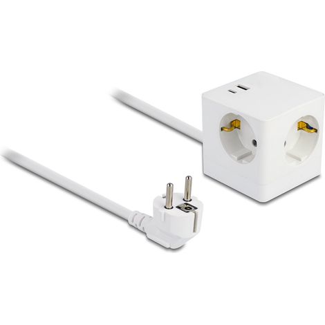 DeLOCK Cubo de 3 vías con seguro para niños y cargador USB PD 3.0, 20 W, con cable de extensión de 1,5 m, blanco (1/5)