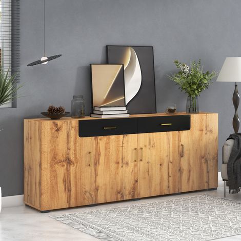 Credenza in truciolare marrone 208 x 39,5 x 80 cm con 4 ante, 2 cassetti e 8 piedini